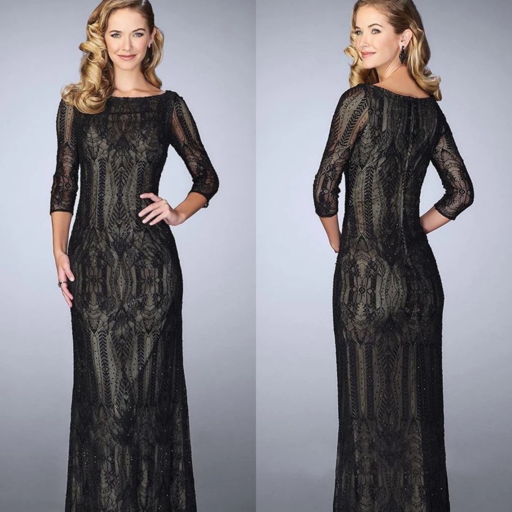 La Femme Quarter Sleeve Sheer Lace Evening Dress